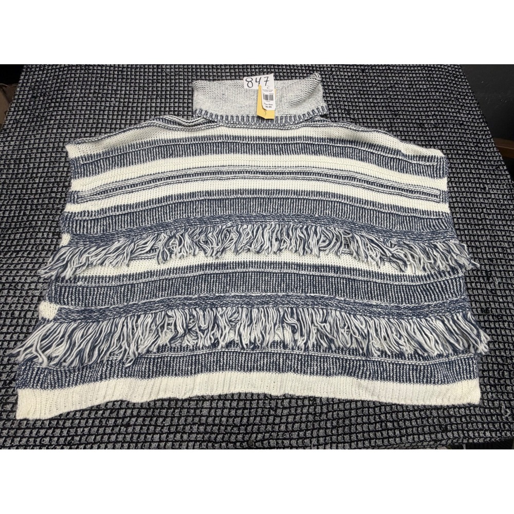 Linda Anderson Striped Fringe Poncho Womens One Size Blue NWT Turtleneck